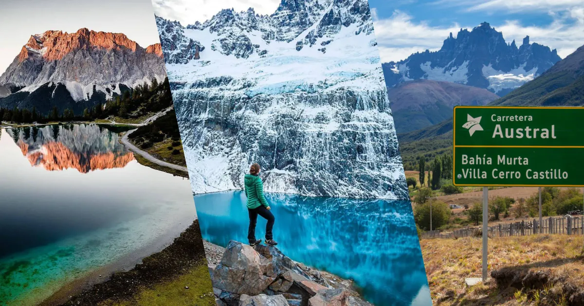 Collage del Cerro Castillo en Aysén: agujas de basalto negro, laguna glaciar turquesa y trekking por la Carretera Austral